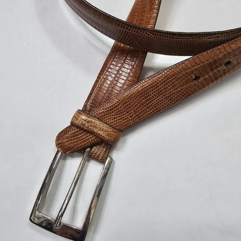 Martin Dingman Men's Brown Leather Belt Lizard Grain Calf Leather Size 38